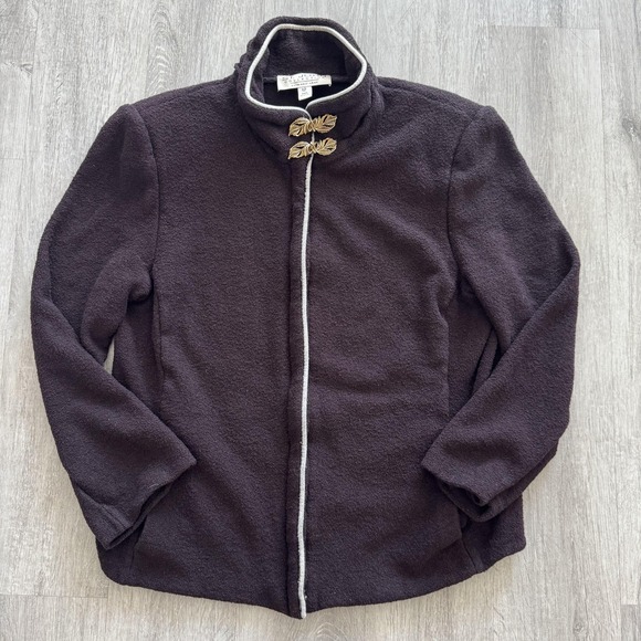 St. John Collection Jacket Womens 12 Brown Wool Knit Full Zip Gold Leaf Trim USA